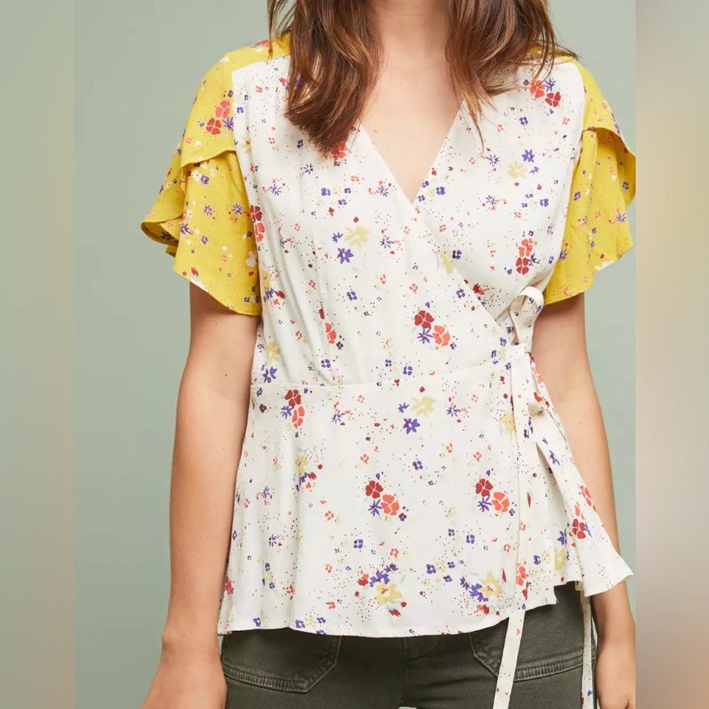 Anthropologie White Puff Sleeve Wrap Blouse